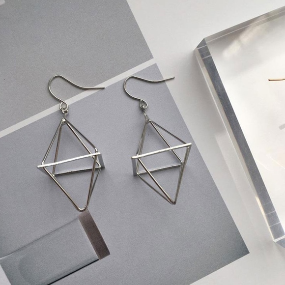 *CHIARINA* Silver Hollow Diamond Dangle Earrings - Picture 4 of 4